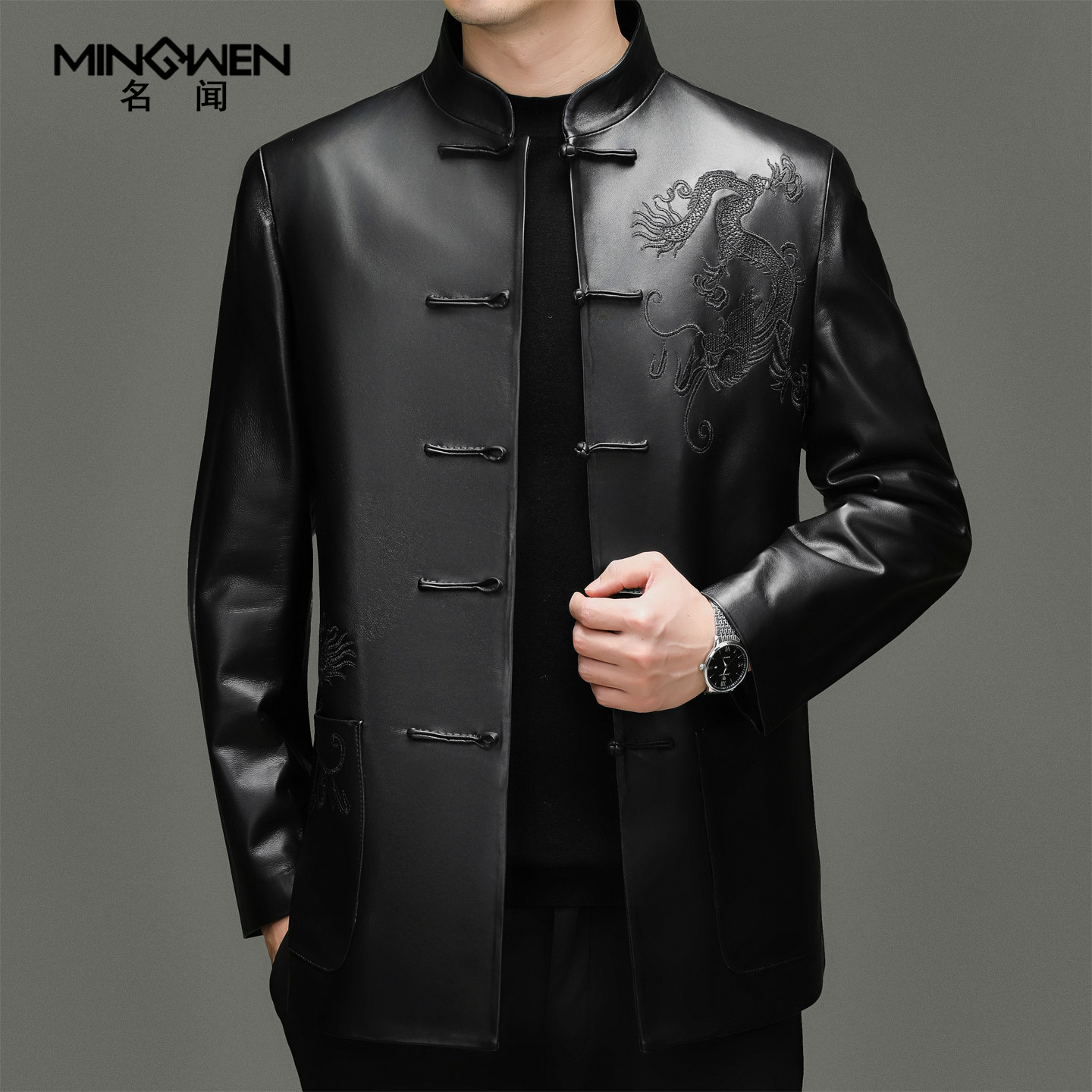立领真皮皮衣男高级感痞帅中国风龙刺绣盘扣复古装绵羊皮唐装外套,男装,皮衣,淘宝优惠券,粉丝福利购,淘宝优惠卷