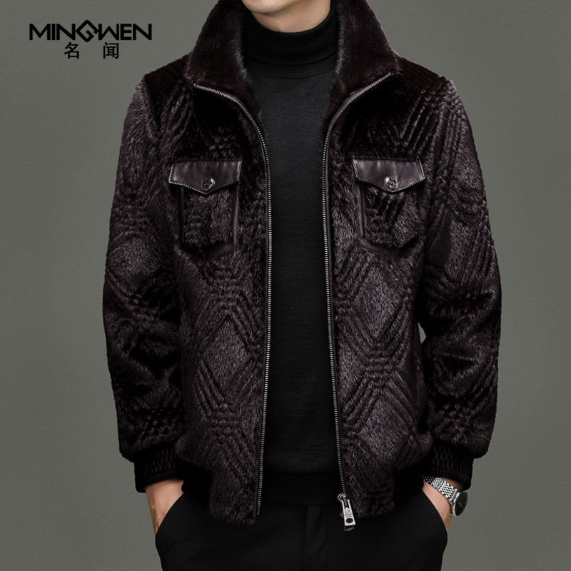 立领仿貂毛夹克男冬季加厚潮流高级感痞帅工装真皮拼接仿皮草外套