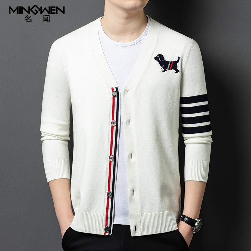 v领针织开衫男秋冬薄款韩版潮流时尚洋气高级感痞帅提花毛衣外套