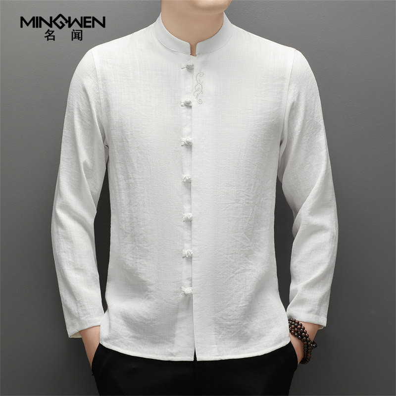 中国风刺绣盘扣立领长袖衬衫