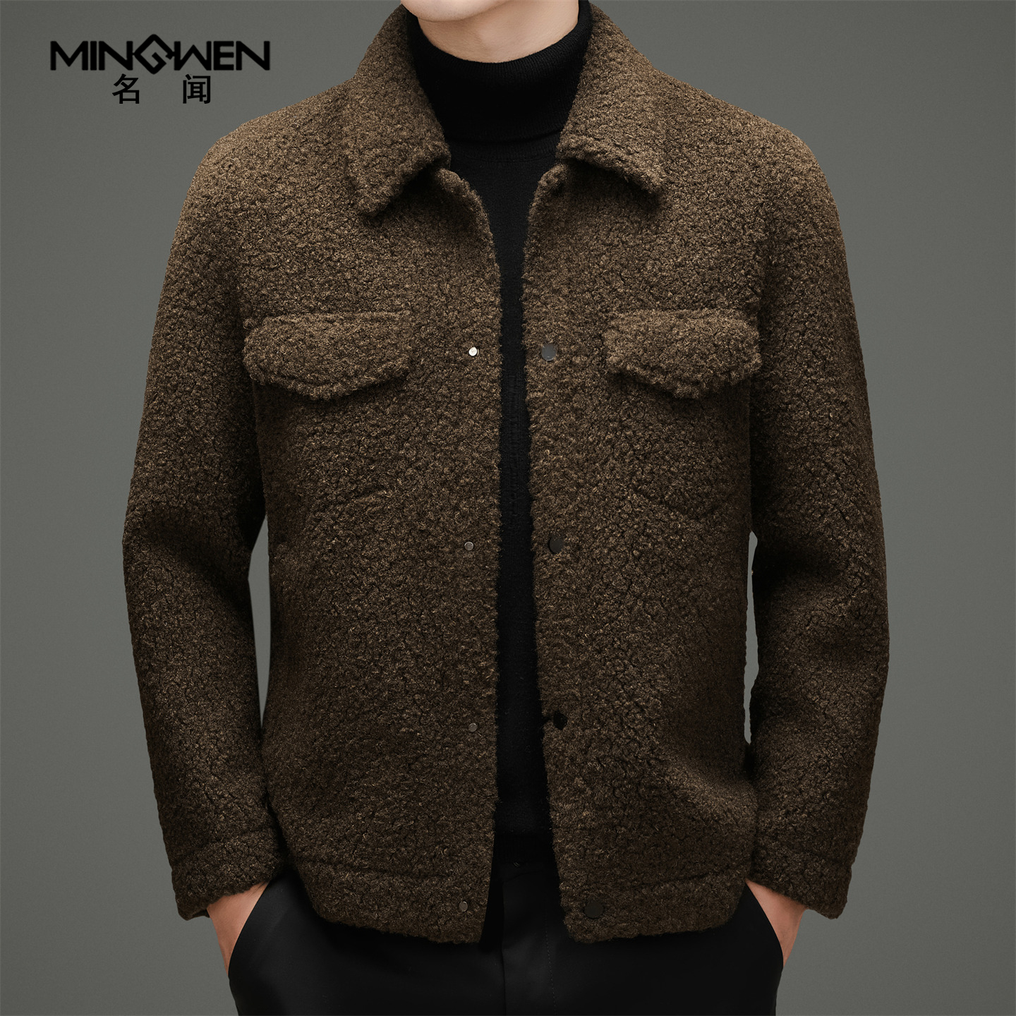 翻领含羊毛颗粒绒工装外套
