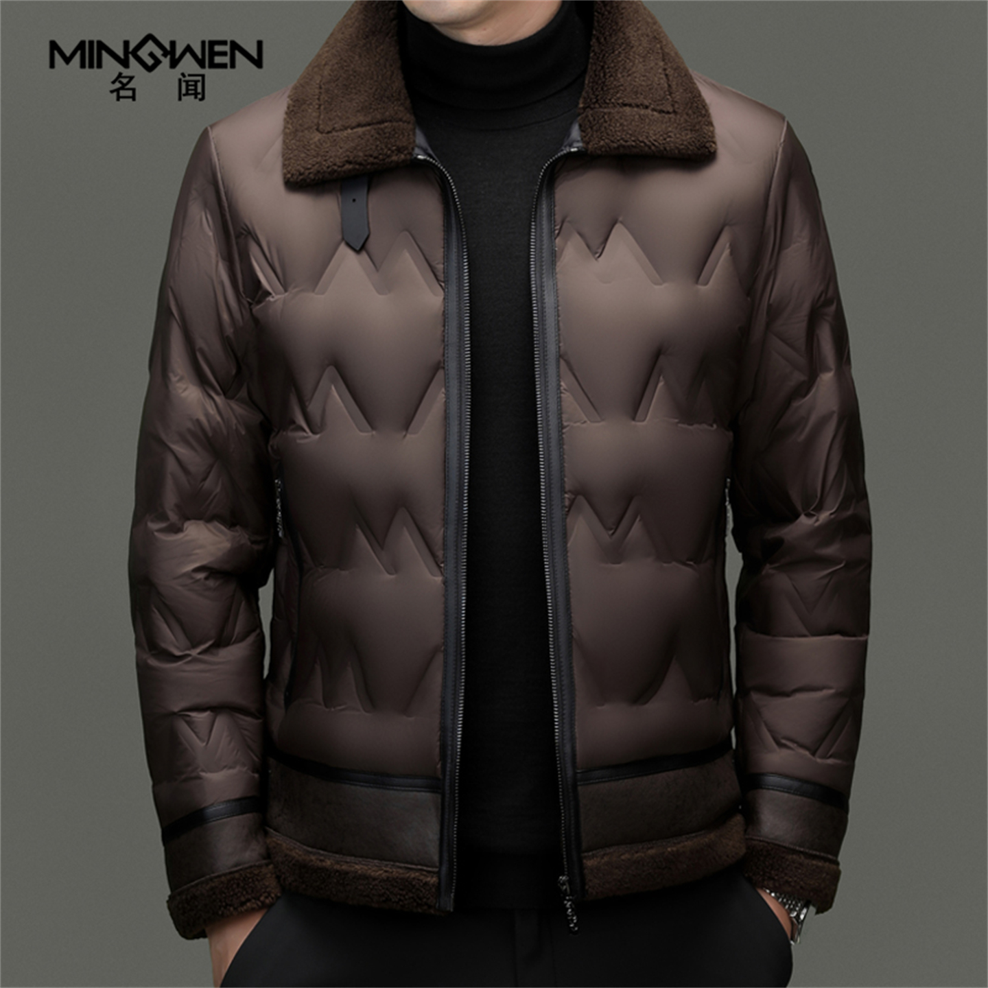 羊毛拼接翻领羽绒服男装冬季短款时尚潮流高级感痞帅休闲保暖外套