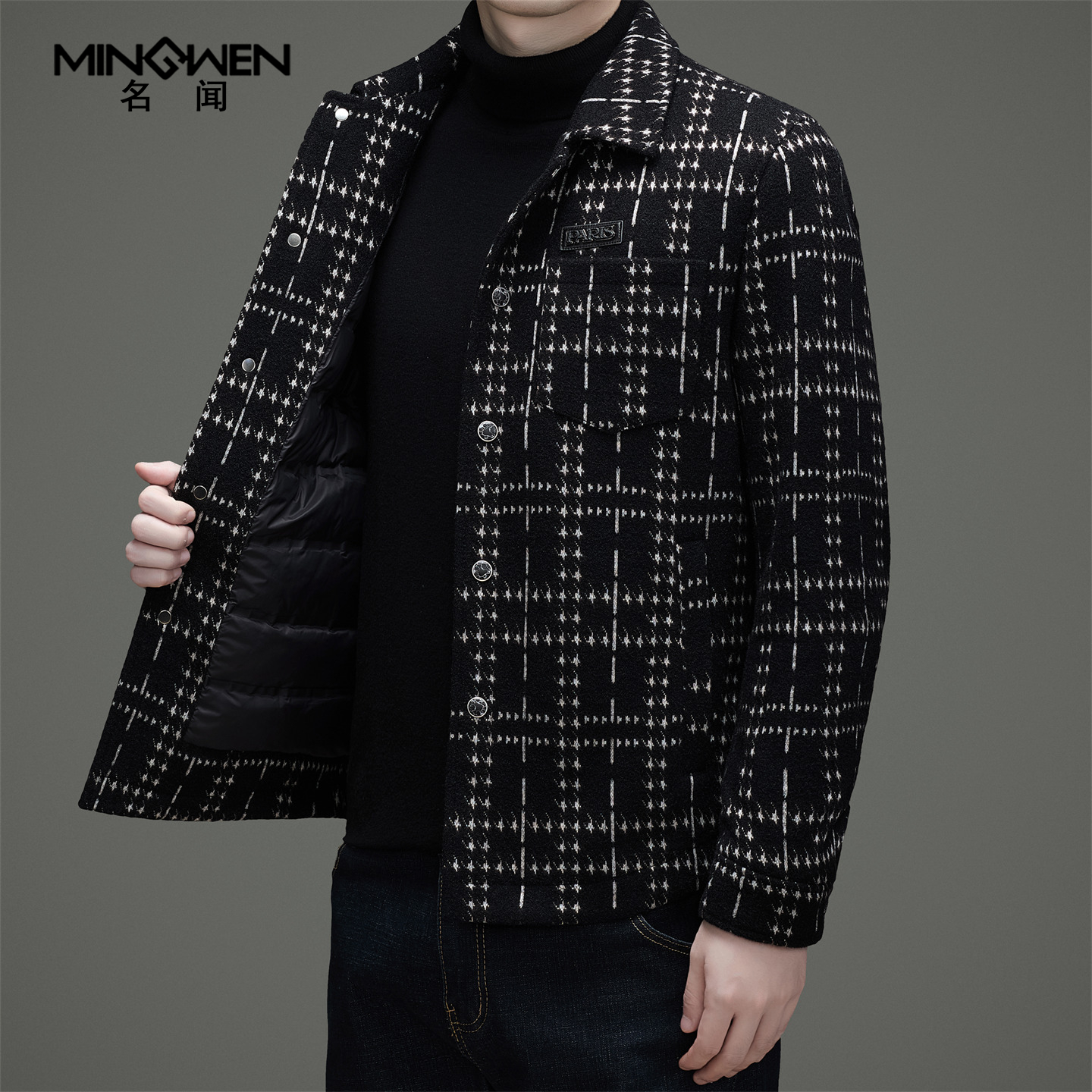 翻领羽绒服男冬季轻薄款时尚潮流高级感帅气千鸟格提花含羊毛外套