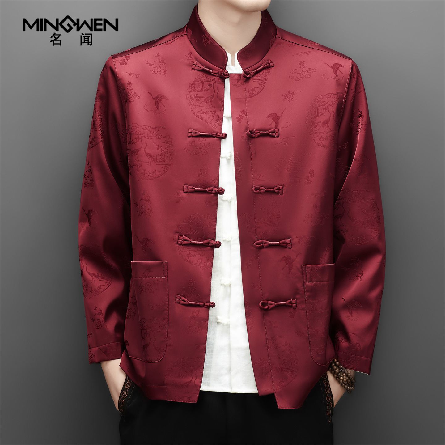 春秋薄款中国风印花立领唐装套装