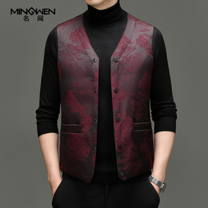 V领羽绒马甲男轻薄款保暖背心新中式国风提花中老年爸爸坎肩外套