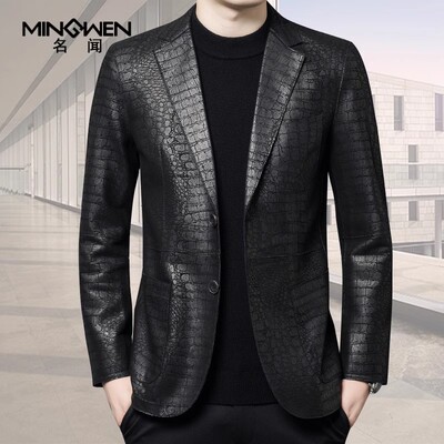 韩版印花真皮皮衣西装