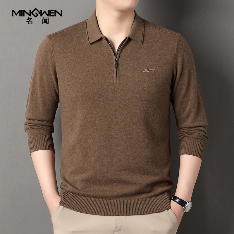 半拉链翻领毛衣男高级感针织打底纯羊毛polo衫宽松休闲中年爸爸装