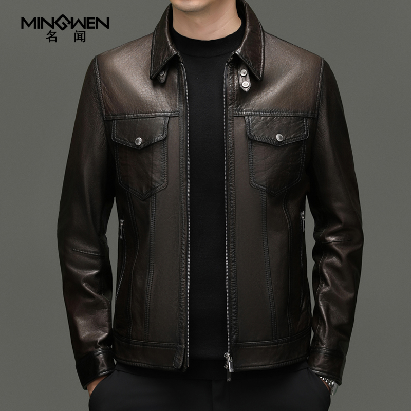 翻领真皮皮衣男短款时尚潮流高级感痞帅工装机车服绵羊皮夹克外套