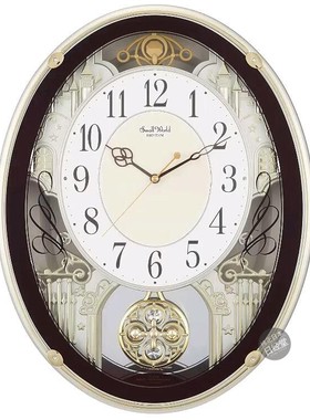 日本代购丽声RHYTHM钟表客厅电波音乐挂钟金色4MN523RH06