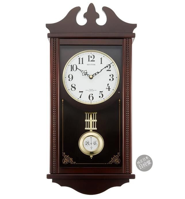 日本直邮代购 rhythm丽声电子音报时木制茶色 复古钟摆挂钟客厅