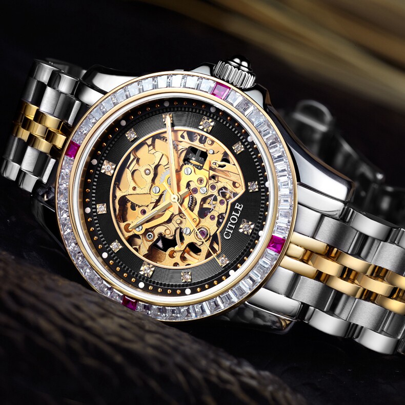 西腾镂空机械防水镶嵌水钻男表