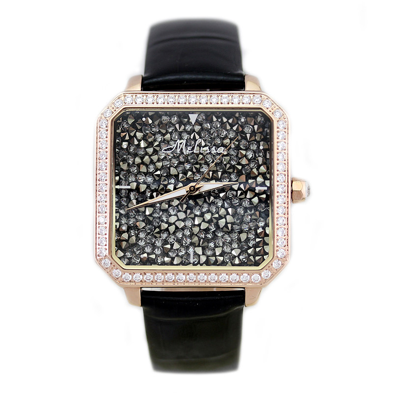 玛丽莎正品石英机芯指针式方形大表盘女表 真皮水晶手表
