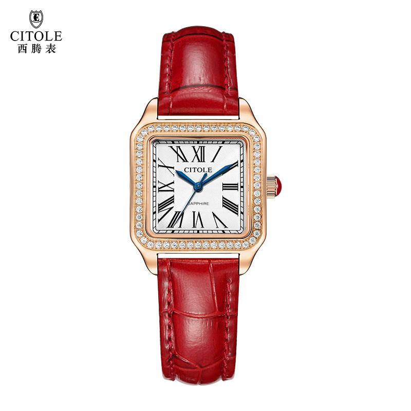 西腾正品方形真皮石英机芯手表优雅气质女表精钢表壳镶钻防水腕表