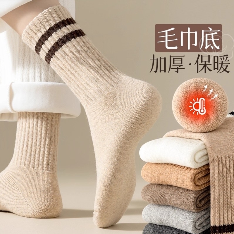 超厚羊绒袜子女秋冬款中筒袜加绒加厚保暖棉袜条纹长筒毛巾长筒袜