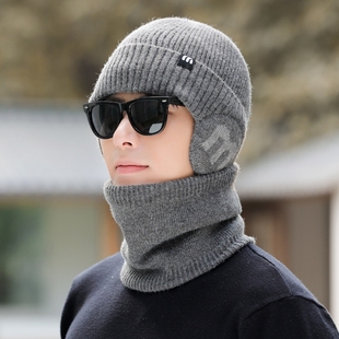 时尚M字母保暖护耳帽子男冬季户外骑行加绒加厚防风毛线针织冷帽