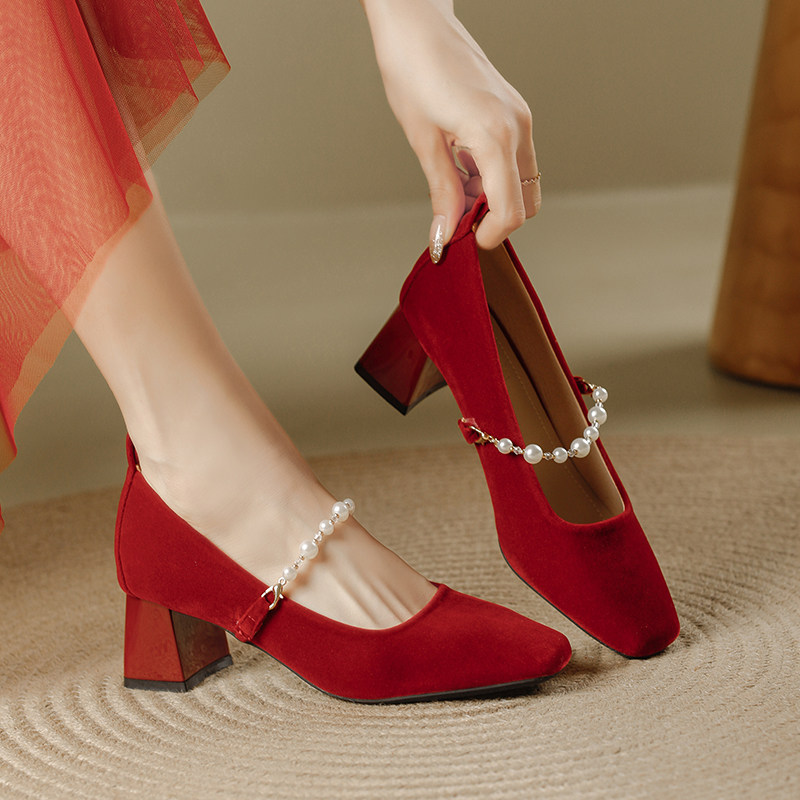 法式低跟方头粗跟玛丽珍复古旗袍单鞋女红色高跟鞋新娘鞋秀禾婚鞋