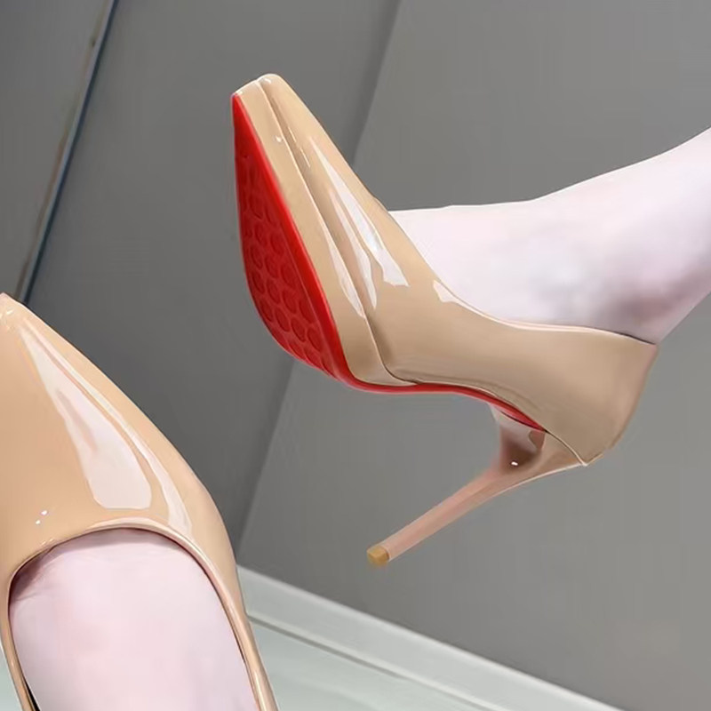 裸色防水台红底高跟鞋女走秀2025年新款春秋10cm细跟尖头职业单鞋