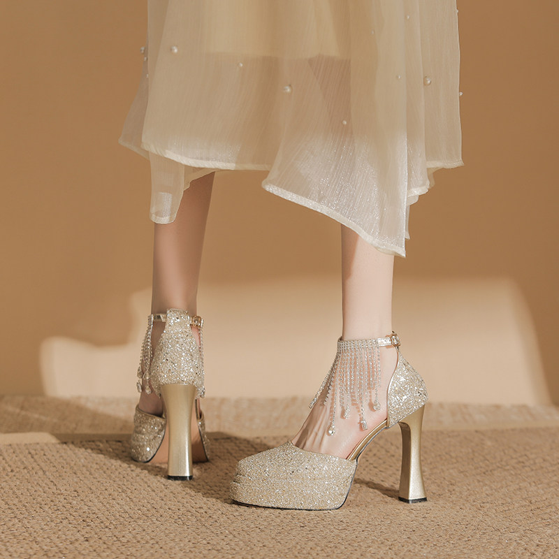 法式玛丽珍新娘主婚鞋专用增高粗跟中空高跟鞋女订结婚水晶不累脚