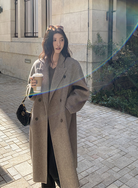 混色羊驼绒大衣女中长款加厚保暖2024新秋冬双排扣枪驳领毛呢外套