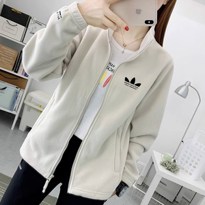 运动三叶草摇粒绒短外套女2024秋冬新款加厚保暖宽松抓绒开衫上衣