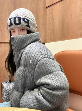 RL拉夫连帽针织羽绒服老钱风针织拼接羽绒服外套秋冬短款