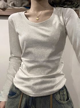 白花灰U领正肩长袖T恤女秋冬棉内搭低领万能打底小衫上衣