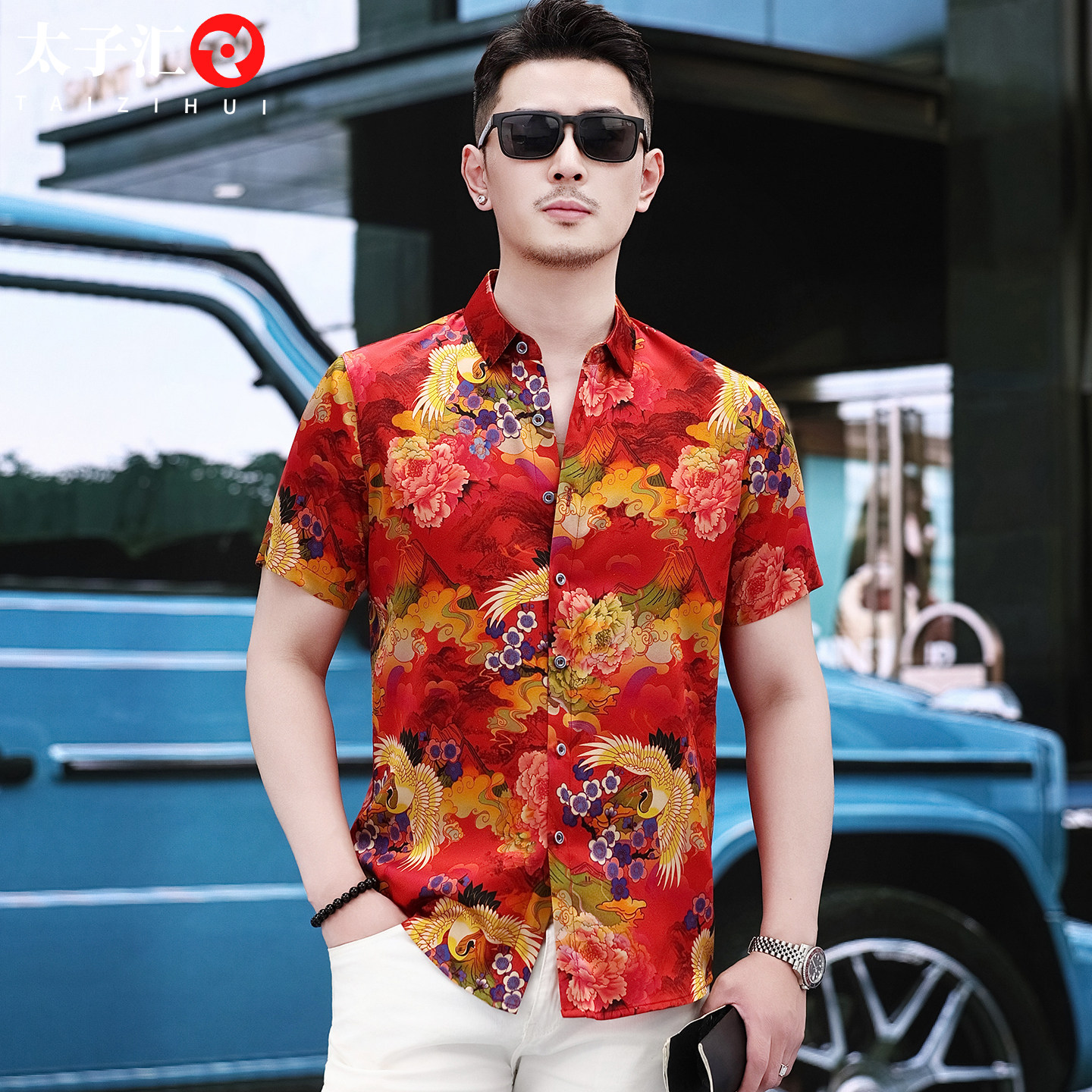 夏季桑蚕丝花衬衫男士短袖大红色真丝衬衣中国风潮流高端丝绸上衣