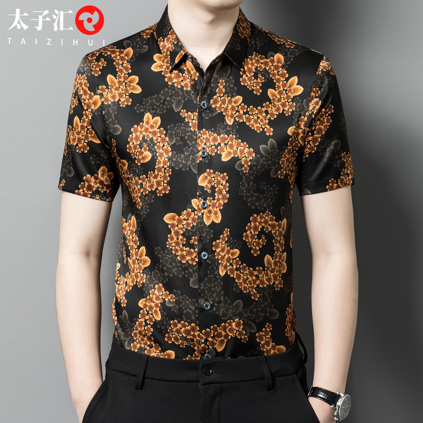 轻奢男士真丝绸缎面桑蚕丝夏装短袖上衣高端碎花衬衫潮流男装衬衣