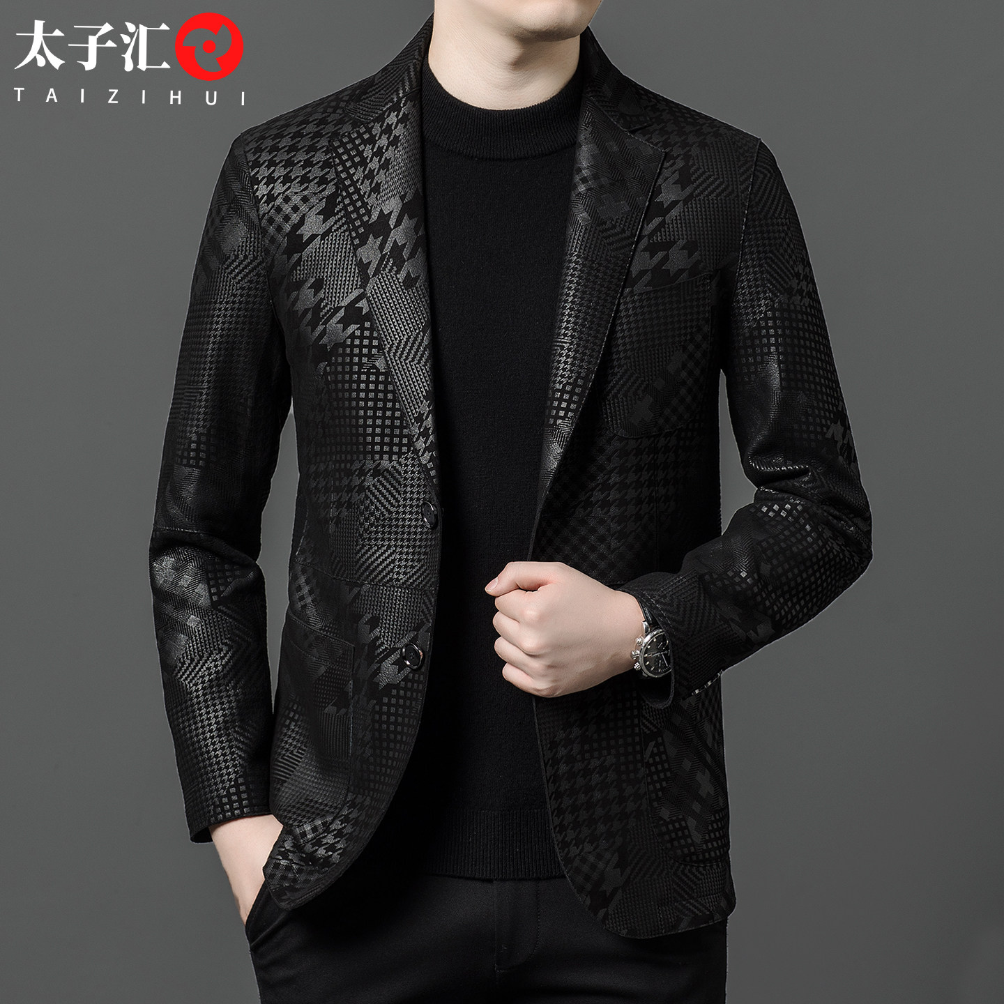 真皮西服皮夹克绵羊皮外套春秋衣服新款修身皮衣男士休闲西装上衣