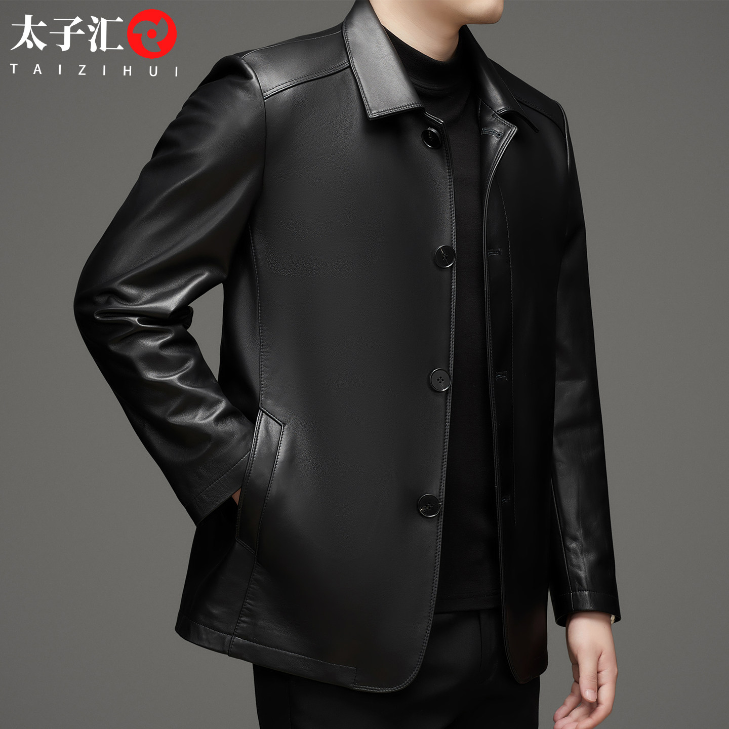 绵羊皮男士皮衣高档爸爸翻领海宁皮夹克商务中年男装真皮外套宽松