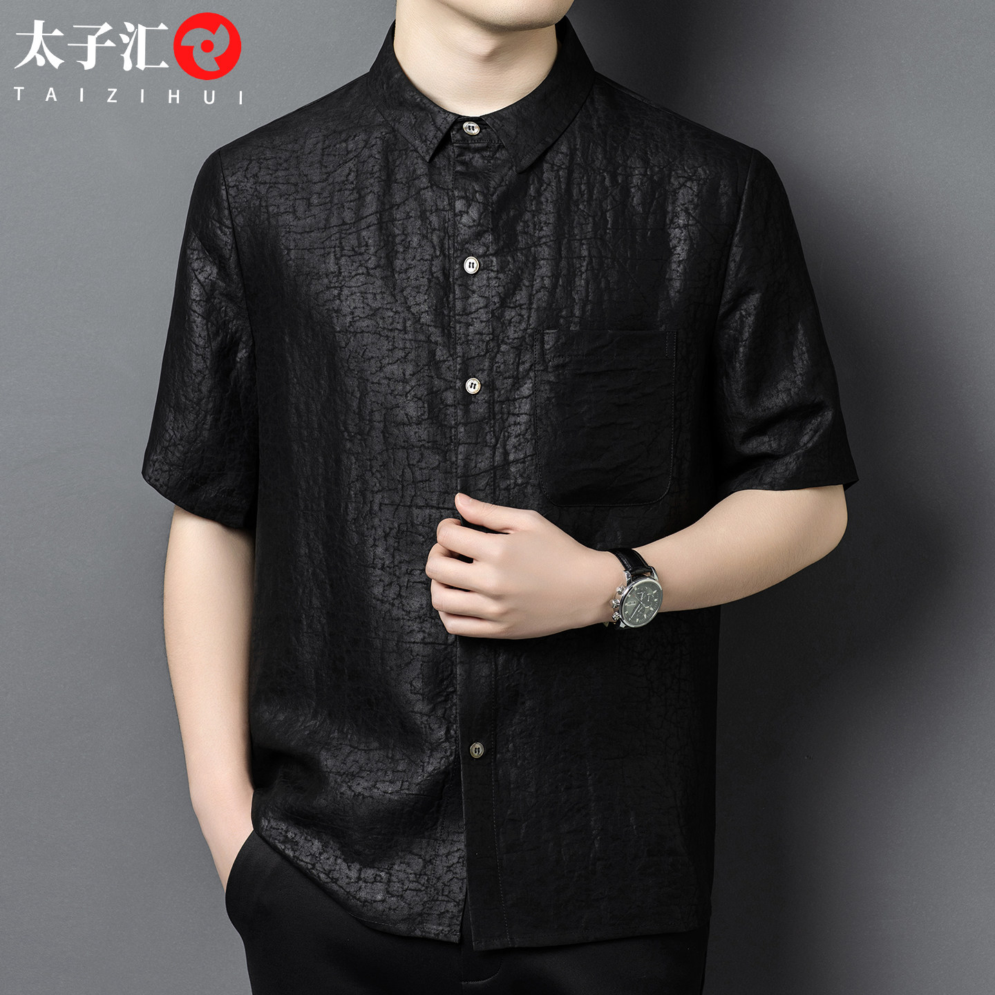男士桑蚕丝龟裂纹香云纱衬衫外套短袖上衣服高端正品真丝男装衬衣