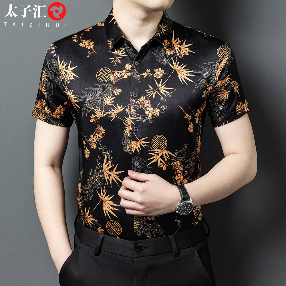 桑蚕丝衬衫夏季新中式男款真丝短袖男士高端中国风休闲爸爸装上衣