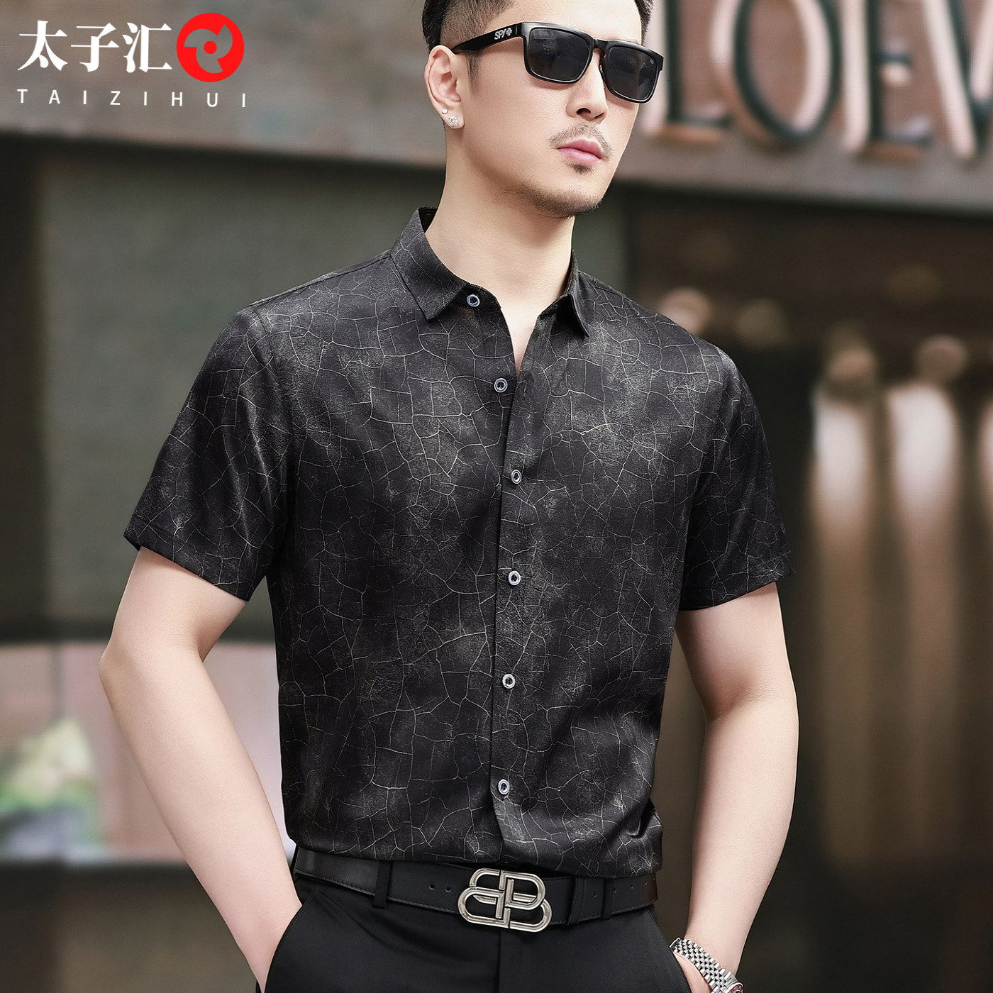 锻面真丝绸缎男短袖衬衫夏季新款