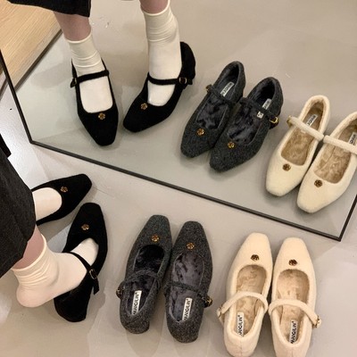 粗跟法式气质加绒玛丽珍毛毛单鞋