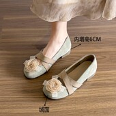 百搭花朵交叉带舒适软底芭蕾舞单鞋 内增高6cm真皮玛丽珍鞋 女款 女
