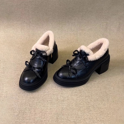牛皮版厚底粗跟7cm蝴蝶结毛毛小皮鞋女一脚蹬复古圆头乐福单鞋女
