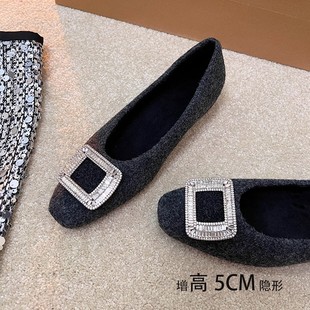 女 女平底内增高5CM方扣毛毛鞋 秋冬季 加绒保暖绒面浅口玛丽珍单鞋