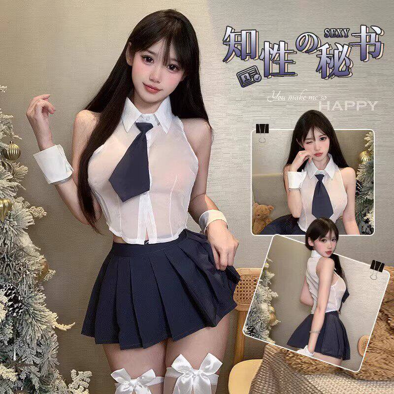 JK制服纯欲风辣妹性感套装夏天学院风收腰衬衫女超短百褶裙两件套