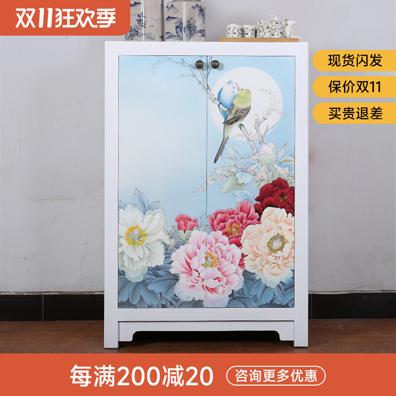 新中式实木鞋柜彩漆手绘复古玄关柜简约双门装饰柜榆木收纳柜整装