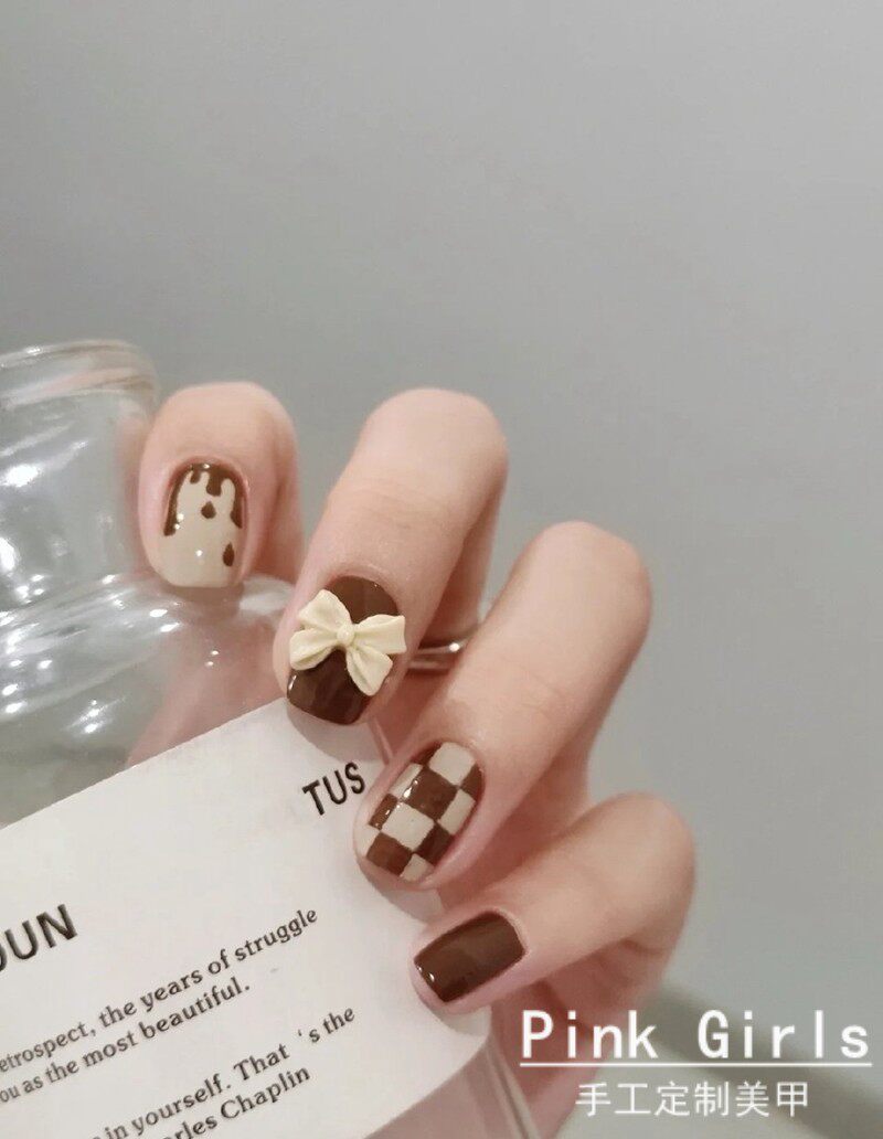 pink girls手工定制秋冬焦糖巧克力奶茶色显白成品穿戴美甲贴片