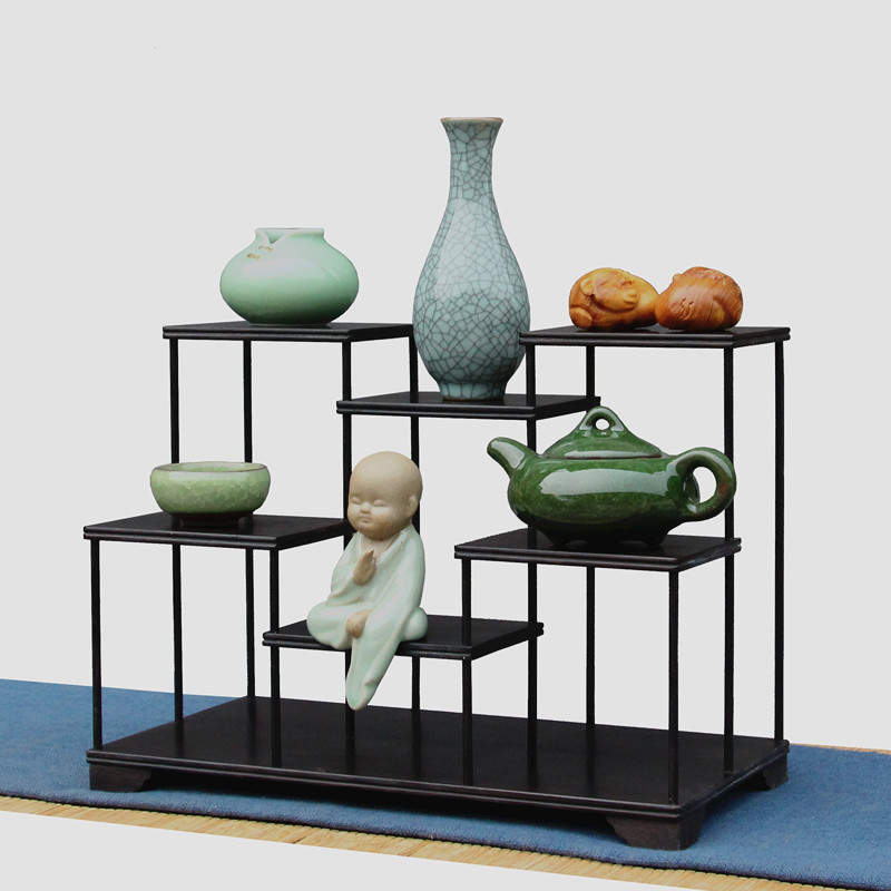 博古架小型紫光檀实木奇石花瓶