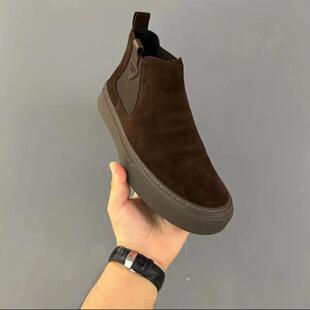 欧洲站秋冬男士真皮磨砂皮高帮一脚蹬翻毛皮休闲套脚短靴英伦商务