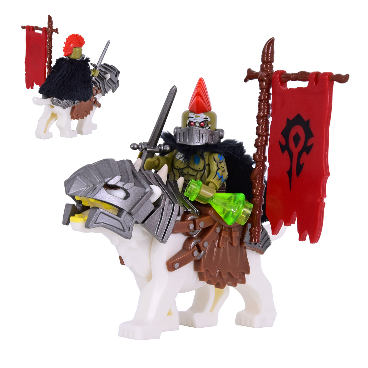 指环王魔兽世界中古半兽人狂战士战狼军旗坐骑第三方拼装玩具积木