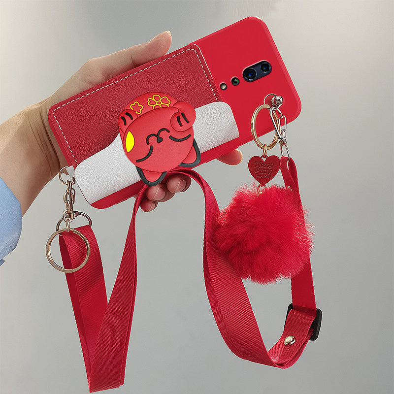 适用OPPO Reno Z手机壳pcdm10套renoz斜跨背带挂绳毛球零钱卡包壳