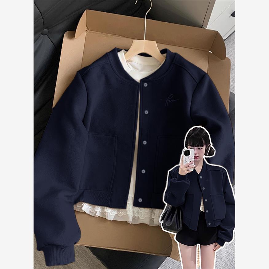 藏蓝色正肩夹克短外套女小香风棒球服2025新款早秋季流行韩系穿搭