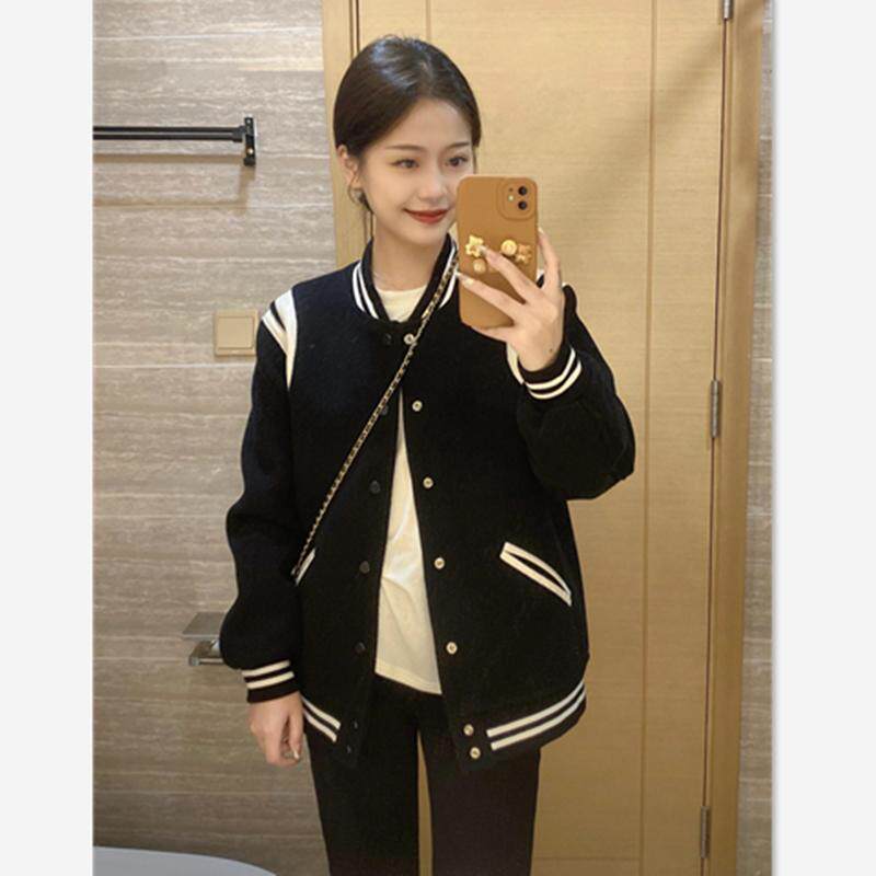 美式宽松黑色棒球服女2025春秋新款小个子覆古加厚夹棉毛呢短外套