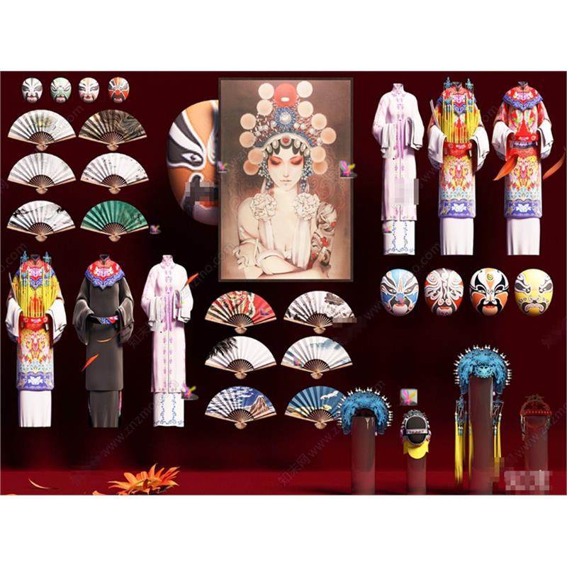 2499新中式戏服 扇子 服装摆件 脸谱 川剧脸谱 川剧挂画SU模型