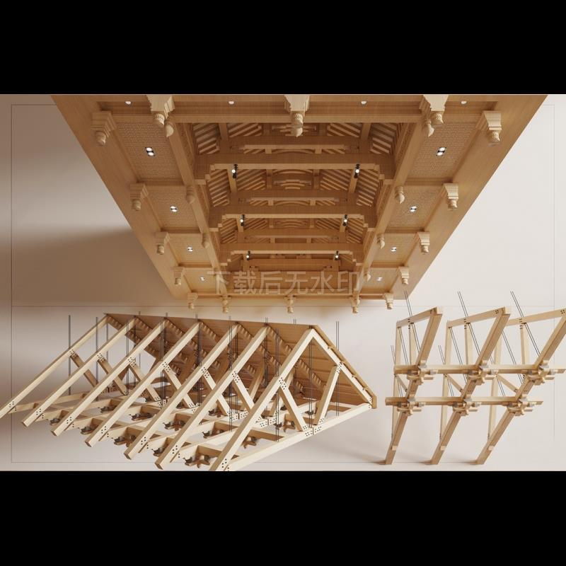 新中式吊顶木梁吊顶 古建结构 屋顶人字坡结构屋顶草图大师SU模型