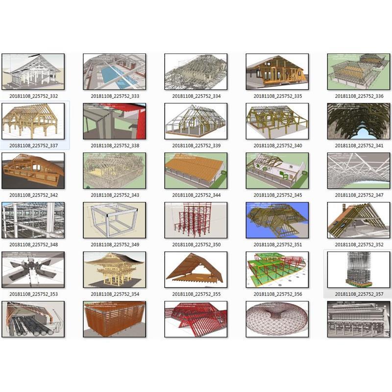 多款SU模型现代木结构钢结构筑构物装置工装装修厂房节点建筑skp