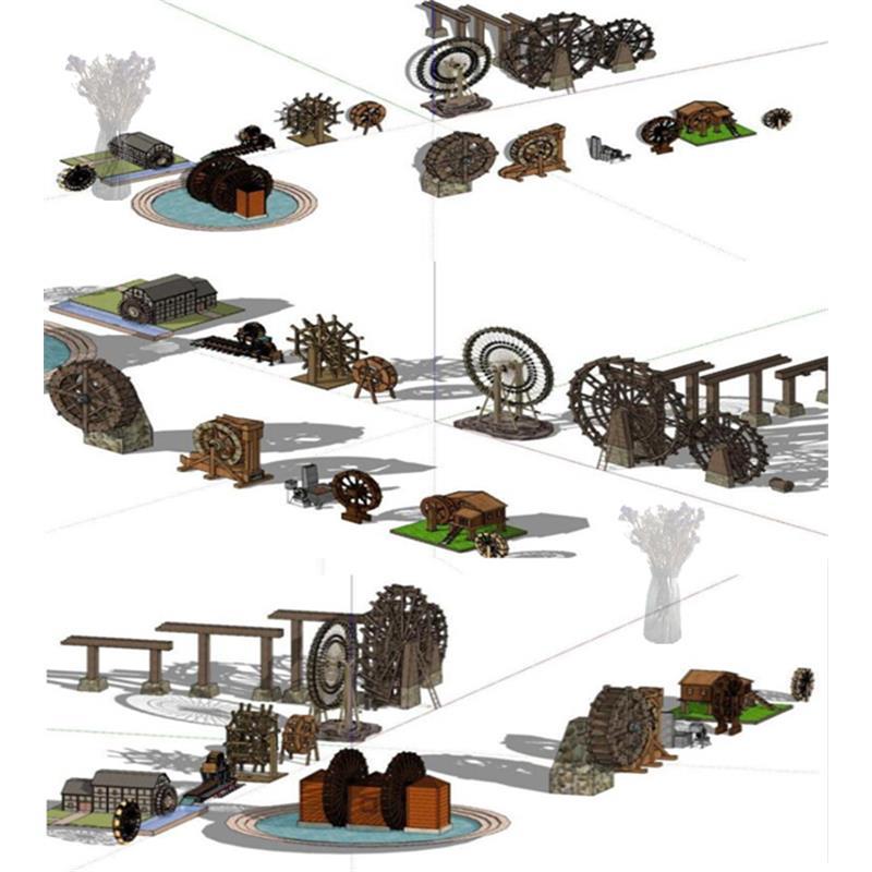 景观木质水车SU模型农庄园林木结构水车旅游景区度假村水车景观